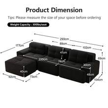 Living Room Sofa Made Of Corduroy, Boneless L-Shaped Sofa With Deep Seat, 3-Seater Modular Sofa With Ottoman, Corner Sofa For Living Rooms And Apartments, Assembly Not Included - 黑色 - 查看 3