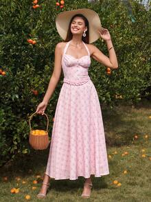 PARTHEA 优雅的无袖甜心领A字长裙，饰有荷叶边和纽扣前襟，完美打造复古或休闲造型，同时又不失露背设计。 - 粉色 - 查看 3