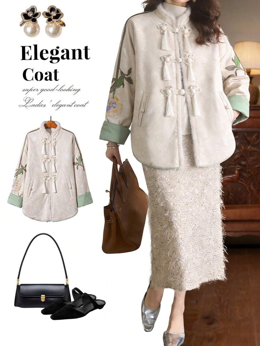 This 2026 Autumn/Winter New Style Thickened Cotton-Padded Coat With A Stand-Up Collar Is A Women's Top. It Features Embroidered Floral Patterns, Long Sleeves, A Loose Fit, A Lined Interior With Pockets, A Simple Yet Versatile Design, And Delicate Tassel Button Details. It's A Perfect Gift For Mothers, A Stylish Coat For Women, And A High-Quality Cotton-Padded Jacket Suitable For Holidays, Everyday Wear, Casual Occasions, Gift-Giving, And Any Other Occasion. - Nhiều màu - Xem 1