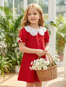 BASUSARRI 女童彼得潘领蕾丝边公主袖褶裥纽扣休闲可爱直筒连衣裙，夏季 - 紅色 - 查看 2