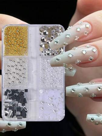 6 rejillas de gemas blancas de respaldo plano, bolas de acero plateado y dorado, perlas blancas redondas y cristales de imitación para manualidades, uñas, ropa, zapatos, bolsos y arte DIY, gemas de uñas transparentes para decoración de uñas en salón o manualidades