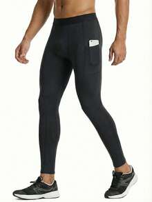 3pcs Men's Fitness Base Layer Pants, Sports Basketball Running Training Pockets Tight Elastic Quick-Dry Cropped Leggings - Black - View 2