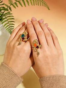 2pcs Gold Stainless Steel Exaggerated Butterfly Wing Dangle Elegant Women's Ring Set, Can Be Worn Individually Or Stacked, Non-Fading, Great Gift For Friends - Yellow Gold - View 2