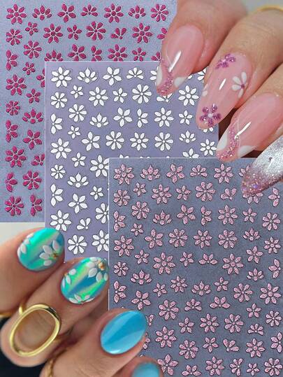 1/2/3pcs Flower Nail Stickes,3 Colors Floral Nail Art Stickers For Ladies And Girls Nail Accessories - 3D Self-Adhesive Cute Nail Supplies Valentine's Day, Eid Al Fitr,New Year Nail Decals For Spring And Summer