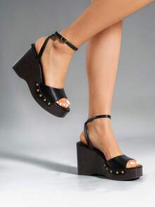 Women's Wedge Sandals 3.94inch Platform Square-Toe Dressy Ankle Buckle Studded Fashion Elegant Sandals Summer Black Shoes - màu đen - Xem 4