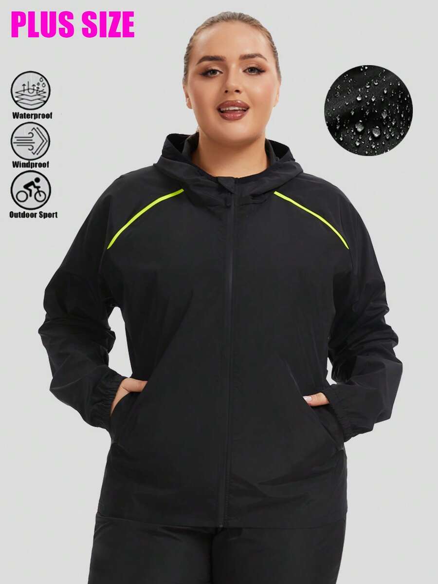 Plus Size Women's Lightweight Waterproof Rain Jacket With Hood And Zipper, Windproof Raincoat - Black - View 1