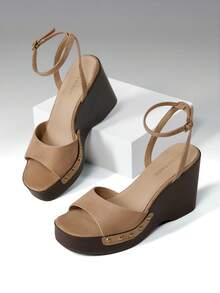 Women's Wedge Sandals 3.94inch Platform Square-Toe Dressy Ankle Buckle Studded Fashion Elegant Sandals Summer Khaki Shoes - Màu Khaki - Xem 1