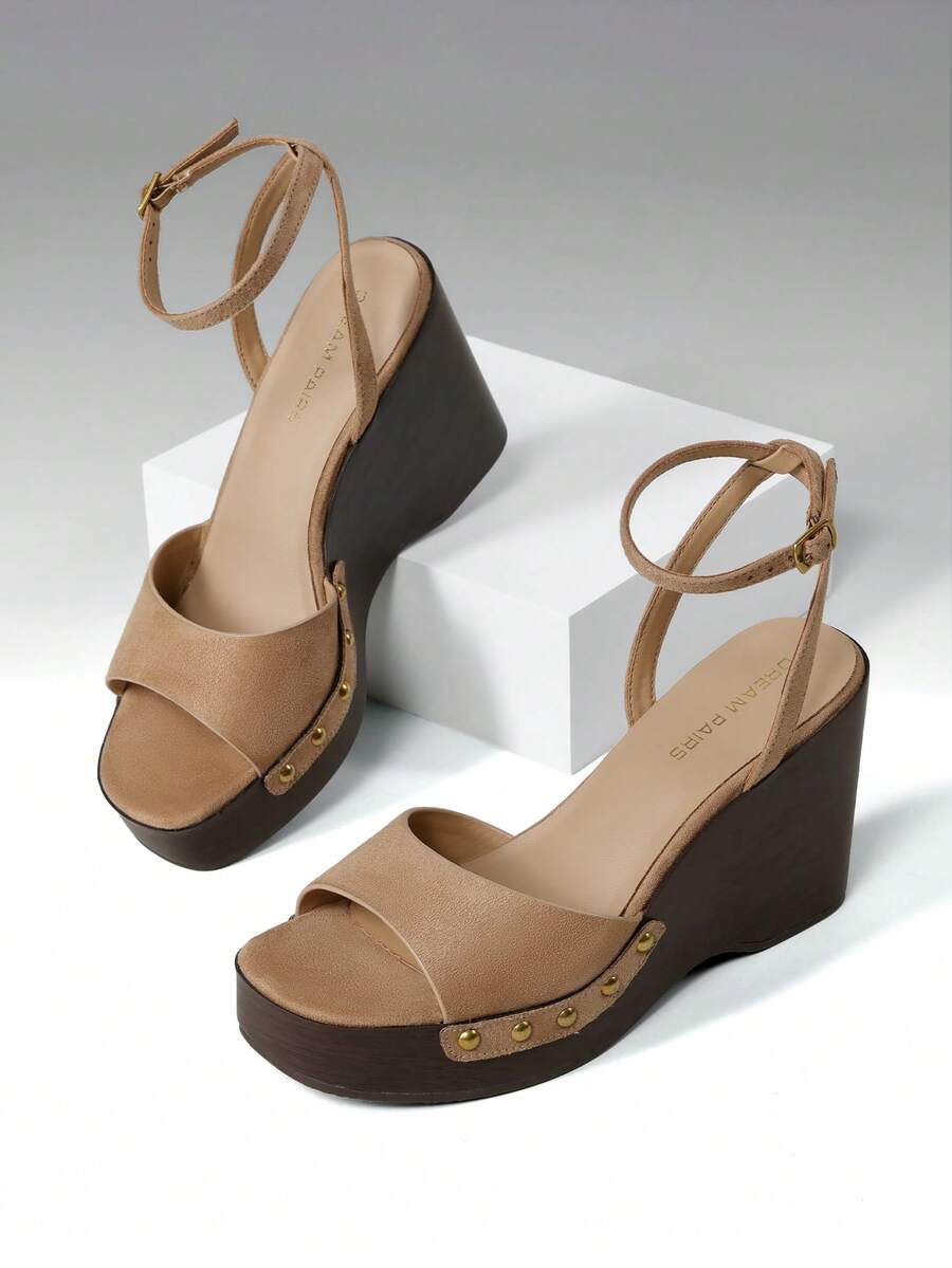 Women's Wedge Sandals 3.94inch Platform Square-Toe Dressy Ankle Buckle Studded Fashion Elegant Sandals Summer Khaki Shoes - Màu Khaki - Xem 1