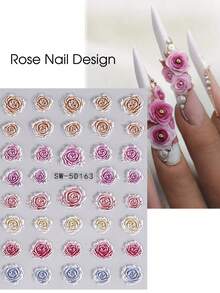 2片装浮雕玫瑰美甲贴纸，棕色、粉色、白色、蓝色、红色玫瑰花美甲贴花，5D自粘美甲装饰，美甲用品，适合女性、女孩，情人节、婚礼设计美甲 - 彩色 - 查看 5