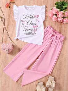 2pcs Girls Casual Round Neck Letter & Bow Print Ruffle T-Shirt, Knit Top And Flare Pants Set, Suitable For Home And Outings, Flare Pants Set - Pink - View 1