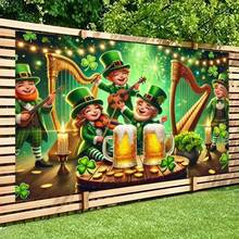 1pc St. Patrick's Day Background Fabric With Background Design Of Wine Glasses And Clover Elves, Polyester Fabric Suitable For Parties, Patios, Home Front Decorations And Photo Shoot Background Decorations - Multicolor - View 3