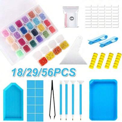 18/29/56-Piece Diamond Painting Tools And Accessories Set, Including Cross-Stitch Tools, Diamond Pens, Tweezers, Drilling Clay, Dot Pens, Plastic Trays And Diamond Painting Accessories