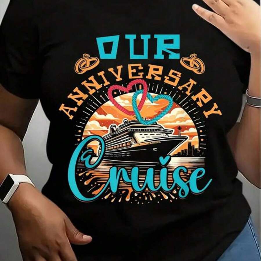 Our Anniversary Cruise Husband Wife Couples Cruise Vacation T-Shirt, Suitable For Mens & Womens Outdoor T-Shirt, 100%Cotton, S-XXXL - Negro - Ver 1