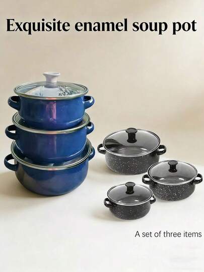 3 Stücke mehrfarbiges Emaille Suppentopf Set, Mini Emaille Suppentopf, Brei Topf, Milchtopf, Kochtopf, Topf mit Doppelgriff, Emaille Topf, Nudeltopf, Milchtopf, Emaille Schüssel, Suppentopf Set mit Doppelgriff, geeignet für den Heimgebrauch, Mini Topf, unbeschichtet, kompatibel mit Induktionskochfeld und Gasherd