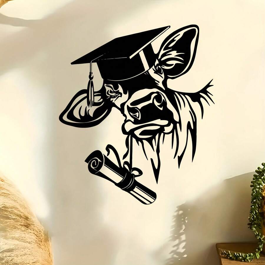 1pc Imaginative Graduation Bull Metal Wall Art | Suitable For Home Walls And Garden Fences, Weather-Resistant Iron Sculpture, Great For Graduation Season, Back To School, Farmhouse Decor Enthusiasts - Black - View 1