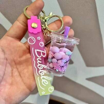 Pearl Milk Tea Cup Shaped PVC Keychain, Containing Shiny Pearls, Can Be Hung On Women's Bags, Backpacks, Cars, And Headphones As A Chic Small Gift, Also Suitable For Halloween, School Letter Decoration, Car Accessories, Cute Goth/Y2K Style