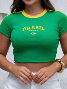 Baby Look Blouse Brazil Embroidered Stars Ribbed World Cup 2026 Vibe Contrasting Waist Beach Vacation - màu xanh lá - Xem 3