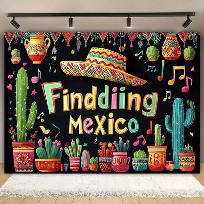 2D Flat Banner 1pc Vibrant Mexican-Themed Party Backdrop Banner - Festive "Searching For Mexico" Design Featuring Colorful Cacti And Sombreros, Perfect For Weddings, Birthdays, Christmas, And More - Durable Polyester, No Power Needed, Celebration Decor | Lively Party Banner | Easy-To-Set-Up Decor