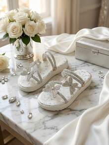 New Girls' Summer Thick Sole Fashion Slippers, Butterfly Strap With Rhinestones, Slip-On Round Toe Beige Thick Sole Shoes, Suitable For Vacation And Home Wear - Beige - View 3