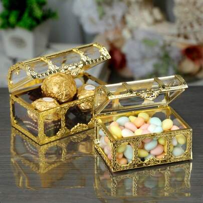 1 pieza Caja de caramelos estilo europeo dorada o plateada, hueca y creativa, caja de regalo para bodas y eventos