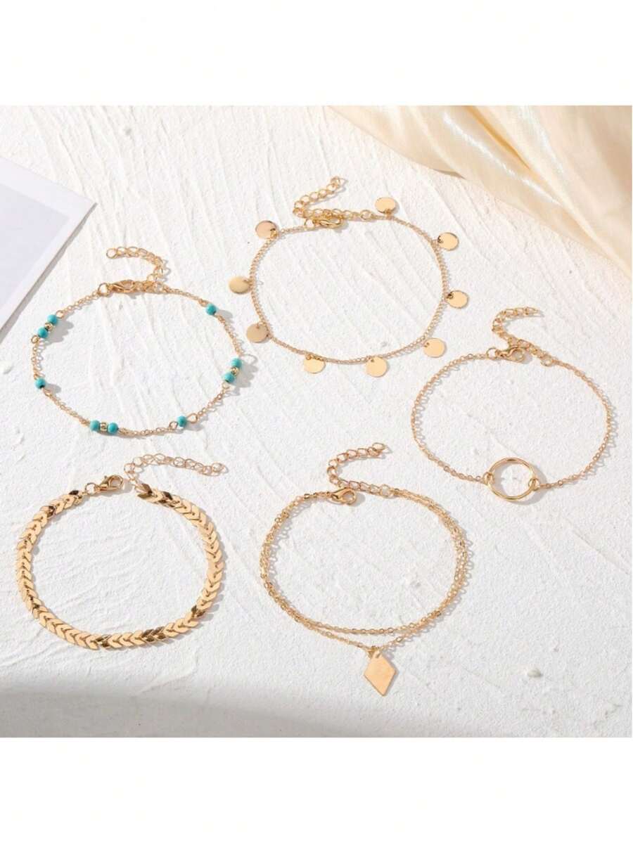 1 Set Gold Multi-Layer Pendant Anklet, Boho Style Chic Jewelry, Suitable For Beach, Party, Daily Wear (OPP Bag Packaging)