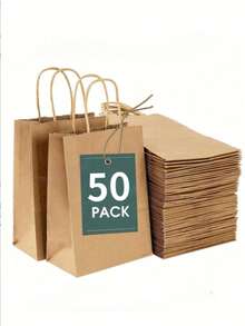 50pcs Kraft Paper Gift Bags, Kraft Paper Drawstring Bags - 21 X 11 X 27 Cm With Handles - Gift Bags -- Suitable For Birthday, Wedding, Christmas And Party Celebrations - Multicolor - View 1