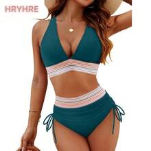 Women High Waisted Bikini Sets Tummy Control Swimsuits Color Block Two Piece Drawstring Bathing Suit Outdoorfun - 藍綠色 - 查看 1