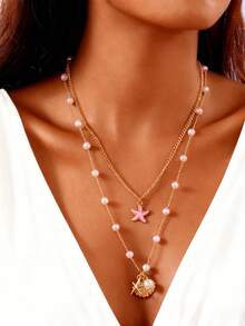 2 piezas Elegante y de moda Collar colgante de mujer con conchas marinas y perlas falsas, adecuado para vacaciones en la playa, días festivos, regalo para parejas/hermanas - Dorado - Ver 4