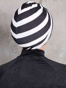 1pc Striped Print Turban Headband With Lining - Black and White Stripes - View 3
