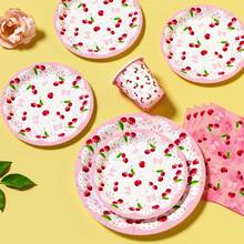 White Base Pink Bow & Cherry Disposable Plates, Napkins, Cups - One-Time Party Supplies Set, Fits 25 Guests, Disposable Paper Plates Party Tableware Suitable For Birthday, Wedding, Theme Party, Family Picnic - Multicolor - View 4