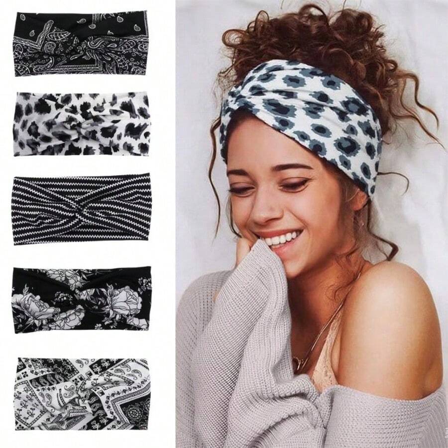 Stretchy Wide-Banded Criss-Cross Headband, Comfortable & Sweat-Absorbent, Multiple Patterns Available, Unisex, Suitable For Daily, Sports, Outdoor & Home Use - Multicolor - View 1