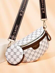 女士复古时尚别致小众单肩斜挎腋下宽肩带印花胸包 - 白色 - 查看 1