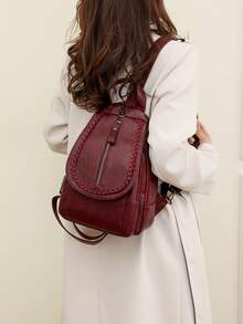 Fashionable PU Leather Retro Flap Backpack, Multi-Layer Shoulder Bag With Various Carrying Ways, Suitable For Back To School Students - Burgundy - View 1