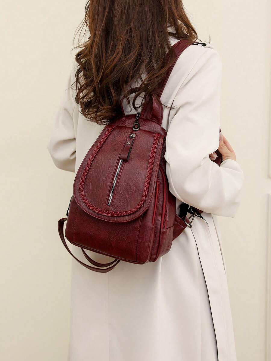 Fashionable PU Leather Retro Flap Backpack, Multi-Layer Shoulder Bag With Various Carrying Ways, Suitable For Back To School Students - Burgundy - View 1
