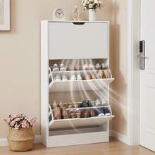 Shoe Cabinet With 3 Flip Drawers, Slim Wooden Shoe Storage Organizer For Entryway, Hallway & Living Room, Space-Saving Hidden Shoe Rack With Adjustable Shelves, Modern Entryway Furniture - 白色 - 查看 1