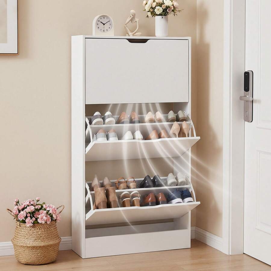 Shoe Cabinet With 3 Flip Drawers, Slim Wooden Shoe Storage Organizer For Entryway, Hallway & Living Room, Space-Saving Hidden Shoe Rack With Adjustable Shelves, Modern Entryway Furniture - 白色 - 查看 1