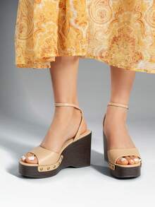 Women's Wedge Sandals 3.94inch Platform Square-Toe Dressy Ankle Buckle Studded Fashion Elegant Sandals Summer Apricot Shoes - 杏色 - 查看 3
