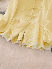 女士甜美蝴蝶结圆领七分袖高腰刺绣拼接上衣，夏季上衣 - 淡黃色 - 查看 7
