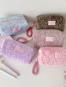 Leopard Print Plush Handbag, Portable Cosmetic Organizer Bag, Travel Large Capacity Clutch, Coin Purse - Multicolor - View 6