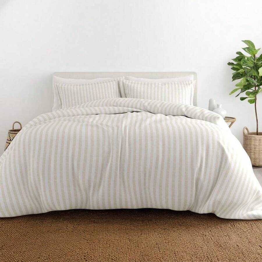Luxury Striped Duvet Cover Set, Standard/King Size, Ivory Velvet Texture. - Multicolor(多色) - 查看 1