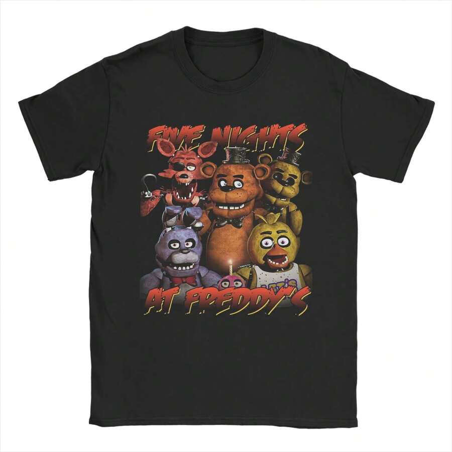 2026 Nuevas calientes camiseta de algodón impresa Fnaf Y2K para hombres y mujeres moda de verano cómoda ropa de calle camiseta de manga corta - Negro - Ver 1