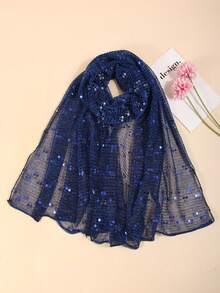 1条女士轻薄纯色双波点亮片头巾，适合所有季节，中东风情头巾，装饰围巾，沙滩披肩，日常使用 - 寶藍色 - 查看 3