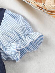 2件套女童可爱蝴蝶结二合一泡泡袖上衣和休闲蓝色喇叭裤套装，夏季 - 藍色 - 查看 4