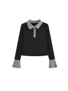 Slim Fit Color Block Long Sleeve T-Shirt For Women - Black and Gray - View 2