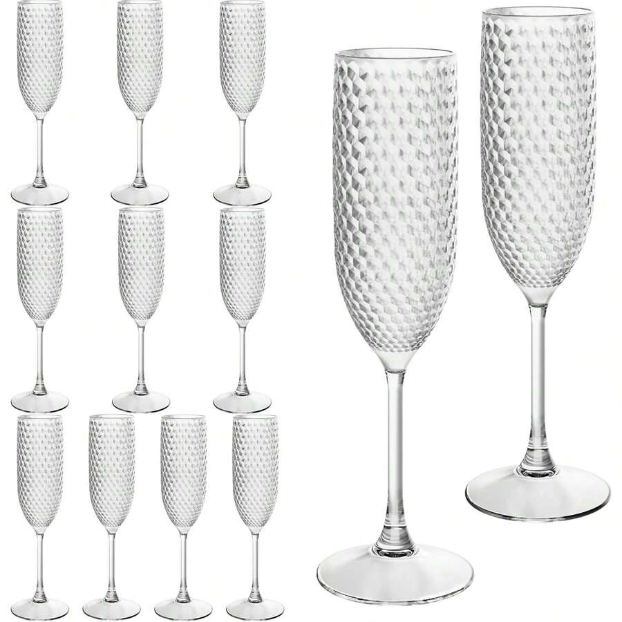 12/8/6/4/3/2/1pcs Set Transparent Plastic Champagne Glasses With Gypsophila, Unbreakable Champagne Flutes, 5.5oz Reusable Diamond Textured Wine Glasses, Suitable For Weddings, Christmas, Parties And Other Large Gatherings - Transparent - View 1