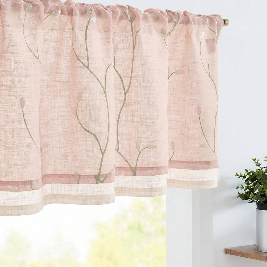 Linen Valance Sheer Double Layer Kitchen Window Curtain Leaf Embroidered Valance Living Room Cafe Farmhouse Filtering Rustic Country Curtain 18 Inch Rod Pocket 1 Panel White Home Decor - Leaf | Pink - View 1