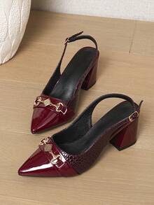 酒红色露跟高跟凉鞋，新款粗跟尖头时尚鞋，透气舒适，适合正装穿着，大码尺码 - 酒紅色 - 查看 2