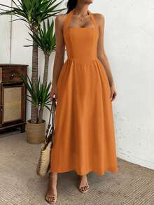Women's Spring/Summer Sleeveless Zipper Pleated Dress, Casual Elegant Style, Suitable For Beach, Vacation, Date, Music Festival, Valentine's Day, Birthday Party And Other Occasions - Orange - View 9
