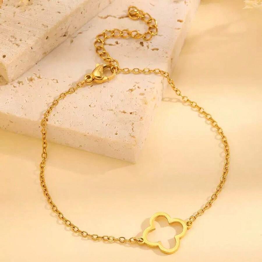 1pc Stainless Steel Four-Leaf Clover Gold Bracelet, Anti-Fading, Fashionable, Minimalist, Elegant, Suitable For Women's Daily Wear
