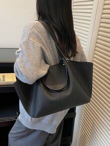 1个时尚百搭女士单肩包，PU材质纯色复古手提包，带内袋设计，大容量休闲梯形包，适合年轻女性——外出、购物、上课、约会、女士礼物、办公、工作、旅行 - 黑色 - 查看 5